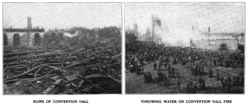 ruins of convention hall/throwing water on convention hall fire