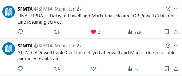 SFMTA Powell cable car mechanical issue