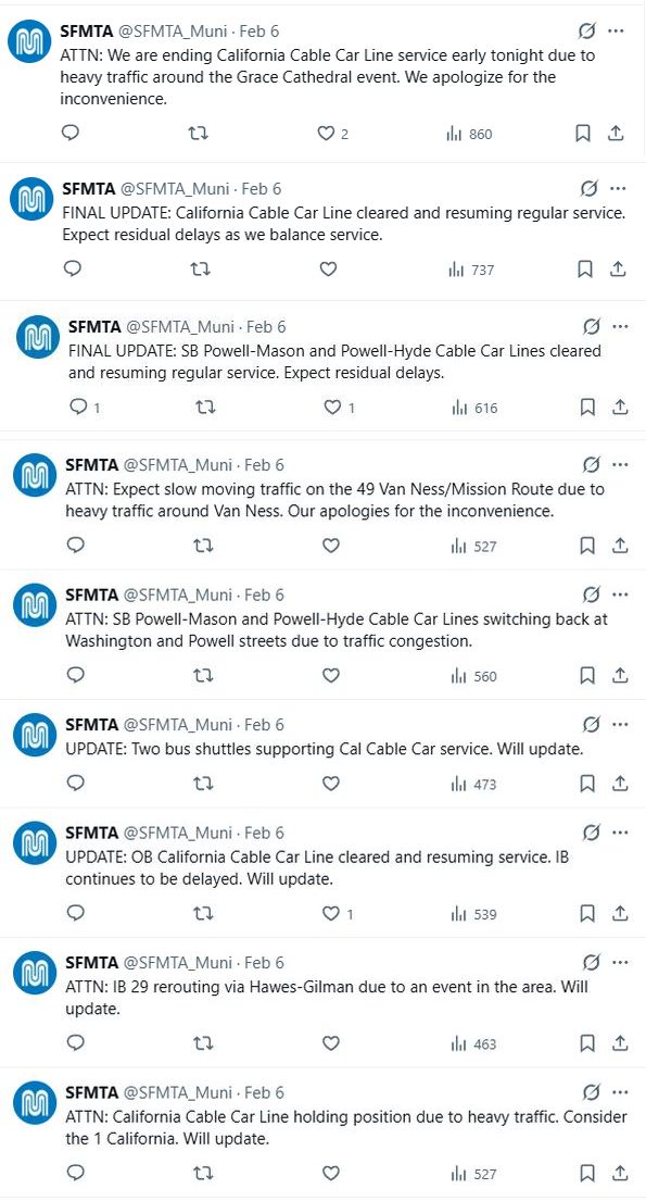 SFMTA all cable cars blocked by heavy traffic