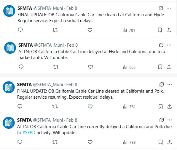 SFMTA cable cars blocked by parked auto