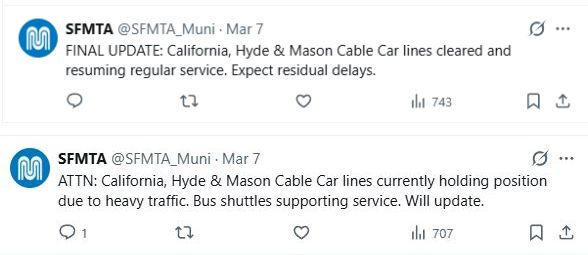 SFMTA cable cars blocked by heavy traffic