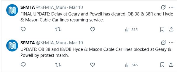 SFMTA cable cars blocked by demonstration