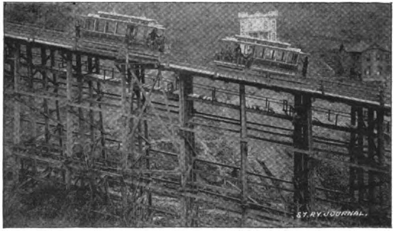 Two cars on the great Portland Heights trestle. -- Portland